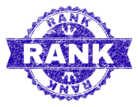 RANK rosette stamp imprint with grunge style. Designed with round rosette, ribbon and small crowns. Blue vector rubber watermark of RANK tag with grunge style.のイラスト素材