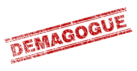 DEMAGOGUE seal print with distress texture. Red vector rubber print of DEMAGOGUE text with retro texture. Text title is placed between double parallel lines.のイラスト素材