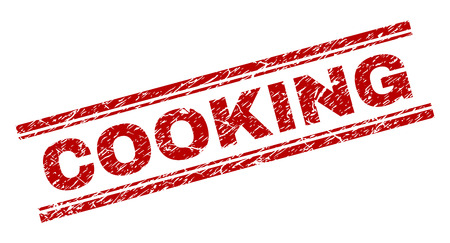 COOKING seal stamp with corroded style. Red vector rubber print of COOKING label with corroded texture. Text label is placed between double parallel lines.のイラスト素材