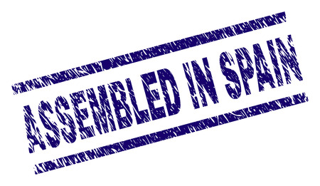 ASSEMBLED IN SPAIN seal print with grunge style. Blue vector rubber print of ASSEMBLED IN SPAIN text with dirty texture. Text label is placed between parallel lines.のイラスト素材