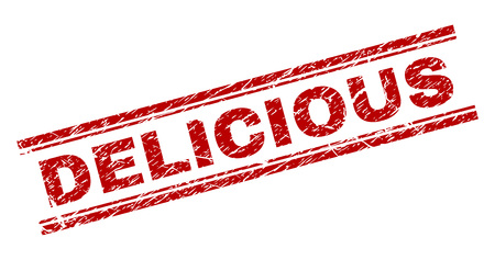 DELICIOUS seal print with grunge effect. Red vector rubber print of DELICIOUS label with grunge texture. Text label is placed between double parallel lines.のイラスト素材