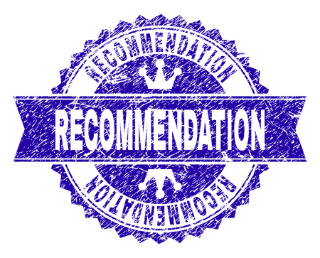 RECOMMENDATION rosette stamp watermark with grunge texture. Designed with round rosette, ribbon and small crowns. Blue vector rubber watermark of RECOMMENDATION label with grunge texture.のイラスト素材