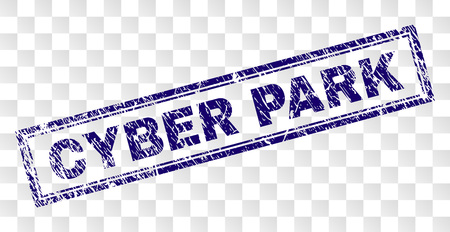 CYBER PARK stamp seal print with rubber print style and double framed rectangle shape. Stamp is placed on a transparent background. Blue vector rubber print of CYBER PARK tag with dust texture.のイラスト素材