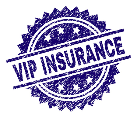 VIP INSURANCE stamp seal watermark with distress style. Blue vector rubber print of VIP INSURANCE caption with scratched texture.のイラスト素材
