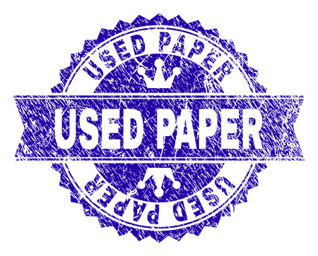 USED PAPER rosette stamp seal watermark with grunge effect. Designed with round rosette, ribbon and small crowns. Blue vector rubber watermark of USED PAPER text with grunge style.のイラスト素材