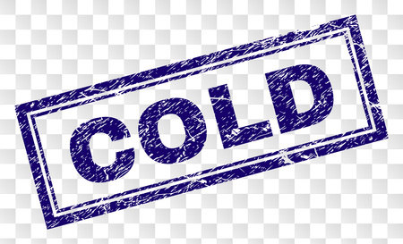 COLD stamp seal print with rubber print style and double framed rectangle shape. Stamp is placed on a transparent background. Blue vector rubber print of COLD title with unclean texture.のイラスト素材