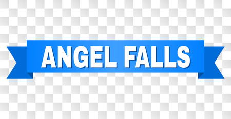 ANGEL FALLS text on a ribbon. Designed with white caption and blue stripe. Vector banner with ANGEL FALLS tag on a transparent background.のイラスト素材