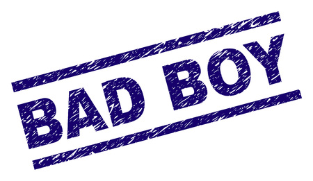 BAD BOY seal print with distress style. Blue vector rubber print of BAD BOY text with dust texture. Text caption is placed between parallel lines.のイラスト素材