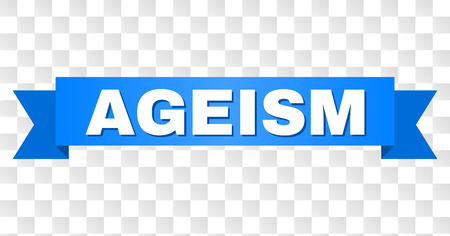 AGEISM text on a ribbon. Designed with white caption and blue stripe. Vector banner with AGEISM tag on a transparent background.のイラスト素材
