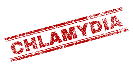 CHLAMYDIA seal print with distress effect. Red vector rubber print of CHLAMYDIA label with corroded texture. Text label is placed between double parallel lines.のイラスト素材