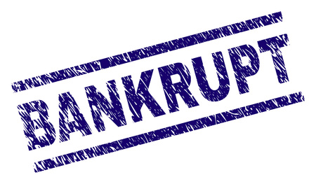 BANKRUPT seal print with distress style. Blue vector rubber print of BANKRUPT text with grunge texture. Text caption is placed between parallel lines.のイラスト素材