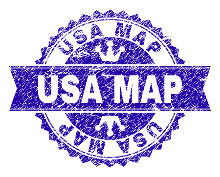 USA MAP rosette stamp seal imprint with grunge effect. Designed with round rosette, ribbon and small crowns. Blue vector rubber watermark of USA MAP caption with grunge style.のイラスト素材