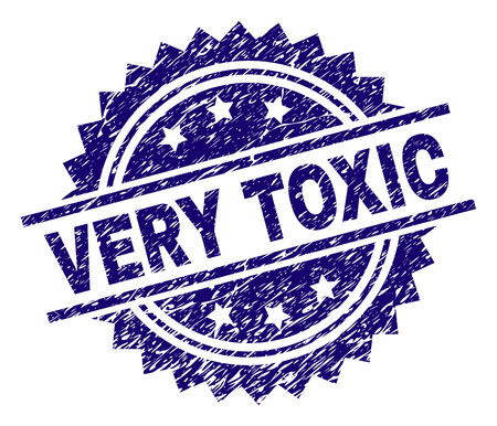 VERY TOXIC stamp seal watermark with distress style. Blue vector rubber print of VERY TOXIC tag with dust texture.のイラスト素材