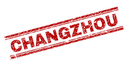 CHANGZHOU seal print with corroded texture. Red vector rubber print of CHANGZHOU label with scratched texture. Text label is placed between double parallel lines.のイラスト素材