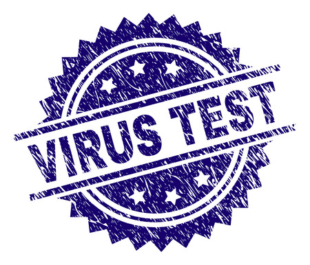 VIRUS TEST stamp seal watermark with distress style. Blue vector rubber print of VIRUS TEST title with retro texture.のイラスト素材
