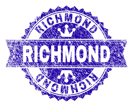 RICHMOND rosette stamp overlay with grunge style. Designed with round rosette, ribbon and small crowns. Blue vector rubber print of RICHMOND text with grunge style.のイラスト素材