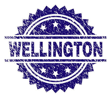 WELLINGTON stamp seal watermark with distress style. Blue vector rubber print of WELLINGTON label with dirty texture.のイラスト素材