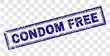 CONDOM FREE stamp seal print with corroded style and double framed rectangle shape. Stamp is placed on a transparent background. Blue vector rubber print of CONDOM FREE text with unclean texture.のイラスト素材