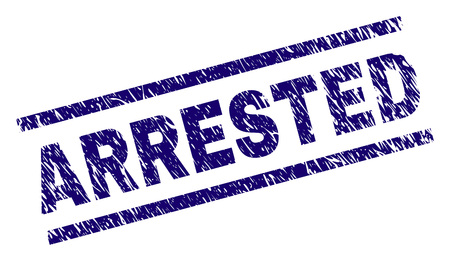 ARRESTED seal print with scratced style. Blue vector rubber print of ARRESTED title with dust texture. Text title is placed between parallel lines.のイラスト素材