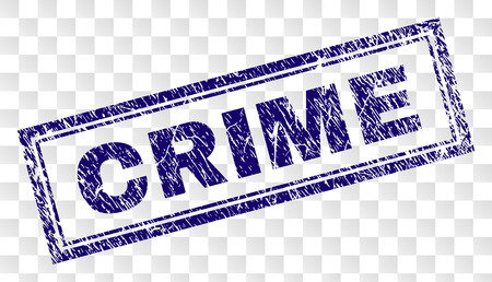 CRIME stamp seal print with corroded style and double framed rectangle shape. Stamp is placed on a transparent background. Blue vector rubber print of CRIME title with unclean texture.のイラスト素材