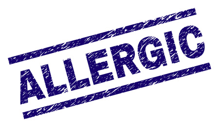ALLERGIC seal print with grunge style. Blue vector rubber print of ALLERGIC caption with grunge texture. Text title is placed between parallel lines.のイラスト素材