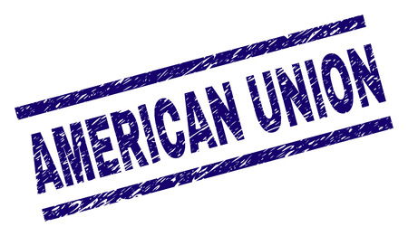 AMERICAN UNION seal imprint with scratced style. Blue vector rubber print of AMERICAN UNION label with dust texture. Text label is placed between parallel lines.のイラスト素材