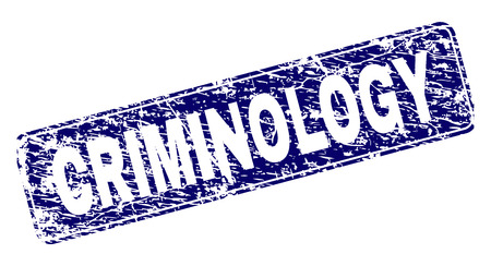 CRIMINOLOGY stamp seal imprint with grunge texture. Seal shape is a rounded rectangle with frame. Blue vector rubber print of CRIMINOLOGY title with grunge texture.のイラスト素材