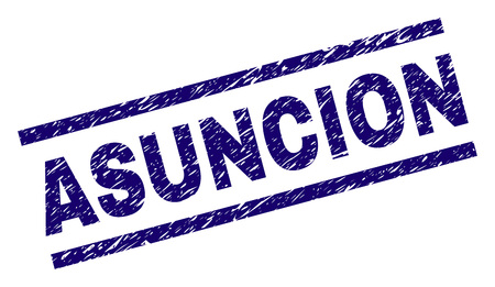 ASUNCION seal print with scratced style. Blue vector rubber print of ASUNCION text with grunge texture. Text label is placed between parallel lines.のイラスト素材