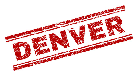 DENVER seal print with grunge texture. Red vector rubber print of DENVER tag with dirty texture. Text caption is placed between double parallel lines.のイラスト素材
