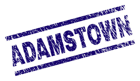 ADAMSTOWN seal print with distress style. Blue vector rubber print of ADAMSTOWN text with corroded texture. Text tag is placed between parallel lines.のイラスト素材
