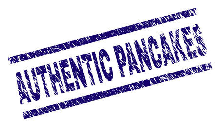 AUTHENTIC PANCAKES seal print with distress style. Blue vector rubber print of AUTHENTIC PANCAKES text with dust texture. Text tag is placed between parallel lines.のイラスト素材