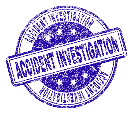 ACCIDENT INVESTIGATION stamp seal watermark with distress texture. Designed with rounded rectangles and circles. Blue vector rubber print of ACCIDENT INVESTIGATION caption with scratched texture.のイラスト素材