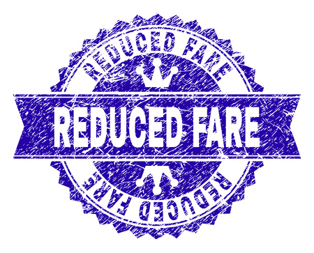 REDUCED FARE rosette stamp watermark with grunge texture. Designed with round rosette, ribbon and small crowns. Blue vector rubber watermark of REDUCED FARE label with grunge texture.のイラスト素材