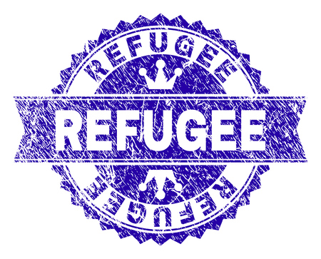 REFUGEE rosette seal imitation with distress style. Designed with round rosette, ribbon and small crowns. Blue vector rubber print of REFUGEE title with scratched style.のイラスト素材