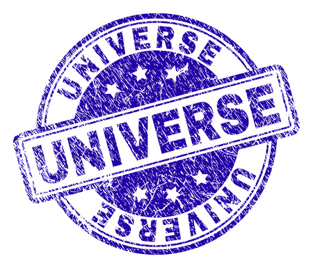 UNIVERSE stamp seal imprint with distress texture. Designed with rounded rectangles and circles. Blue vector rubber print of UNIVERSE caption with dirty texture.のイラスト素材
