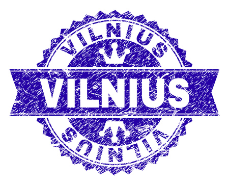 VILNIUS rosette stamp seal imprint with grunge style. Designed with round rosette, ribbon and small crowns. Blue vector rubber watermark of VILNIUS tag with grunge style.のイラスト素材