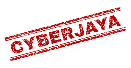 CYBERJAYA seal imprint with distress texture. Red vector rubber print of CYBERJAYA caption with grunge texture. Text caption is placed between double parallel lines.のイラスト素材