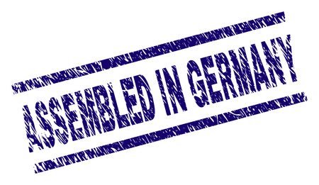 ASSEMBLED IN GERMANY seal print with scratced style. Blue vector rubber print of ASSEMBLED IN GERMANY text with grunge texture. Text tag is placed between parallel lines.のイラスト素材
