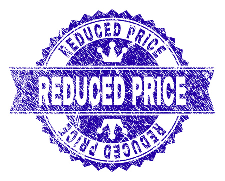 REDUCED PRICE rosette stamp seal watermark with distress effect. Designed with round rosette, ribbon and small crowns. Blue vector rubber watermark of REDUCED PRICE caption with corroded style.のイラスト素材