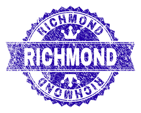 RICHMOND rosette stamp overlay with grunge style. Designed with round rosette, ribbon and small crowns. Blue vector rubber print of RICHMOND text with grunge style.のイラスト素材