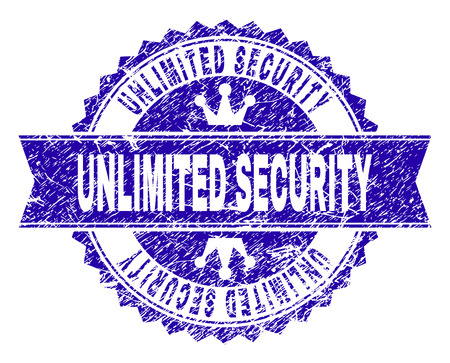UNLIMITED SECURITY rosette stamp seal imprint with grunge style. Designed with round rosette, ribbon and small crowns. Blue vector rubber print of UNLIMITED SECURITY caption with grunge style.のイラスト素材