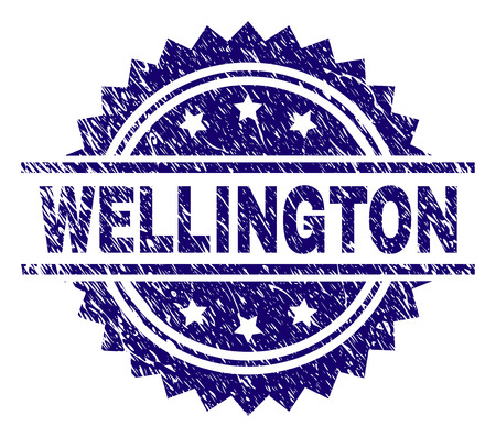WELLINGTON stamp seal watermark with distress style. Blue vector rubber print of WELLINGTON label with dirty texture.のイラスト素材