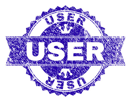 USER rosette stamp seal overlay with grunge texture. Designed with round rosette, ribbon and small crowns. Blue vector rubber watermark of USER text with grunge texture.のイラスト素材