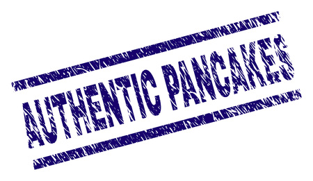 AUTHENTIC PANCAKES seal print with distress style. Blue vector rubber print of AUTHENTIC PANCAKES text with dust texture. Text tag is placed between parallel lines.のイラスト素材