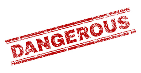 DANGEROUS seal print with grunge texture. Red vector rubber print of DANGEROUS text with corroded texture. Text caption is placed between double parallel lines.のイラスト素材