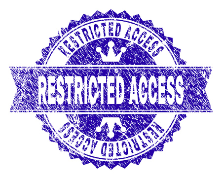 RESTRICTED ACCESS rosette stamp imprint with distress texture. Designed with round rosette, ribbon and small crowns. Blue vector rubber watermark of RESTRICTED ACCESS tag with dust texture.のイラスト素材
