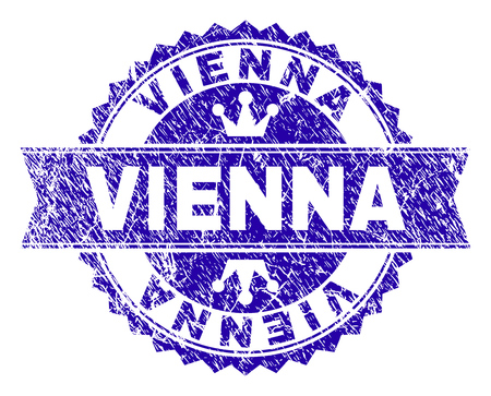 VIENNA rosette seal overlay with distress style. Designed with round rosette, ribbon and small crowns. Blue vector rubber watermark of VIENNA text with corroded style.のイラスト素材