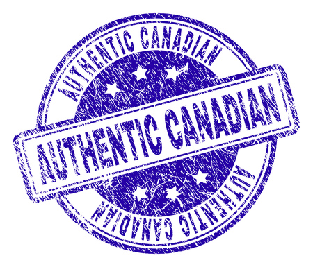 AUTHENTIC CANADIAN stamp seal imprint with grunge texture. Designed with rounded rectangles and circles. Blue vector rubber print of AUTHENTIC CANADIAN text with dust texture.のイラスト素材