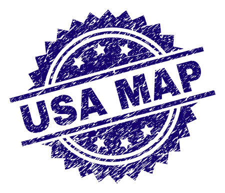USA MAP stamp seal watermark with distress style. Blue vector rubber print of USA MAP text with retro texture.のイラスト素材