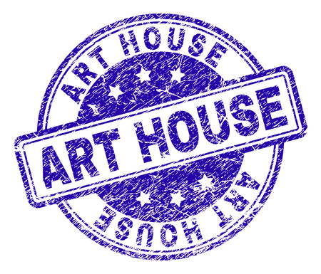 ART HOUSE stamp seal watermark with distress texture. Designed with rounded rectangles and circles. Blue vector rubber print of ART HOUSE tag with scratched texture.のイラスト素材